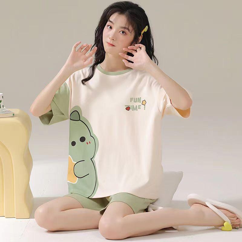 Jährlicher Pyjama Damen Imitationsbaumwolle Kurzarm Zweiteiler, Sommer Damen Erdbeer-Loungewear Kann Draußen Getragen Werden