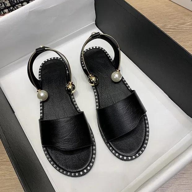 

WTEMPO Літні жіночі босоніжки з бісером та перлами тапочки Жіночі шльопанці великого розміру Повсякденні сандалі на плоскій підошві Взуття 39 чорний