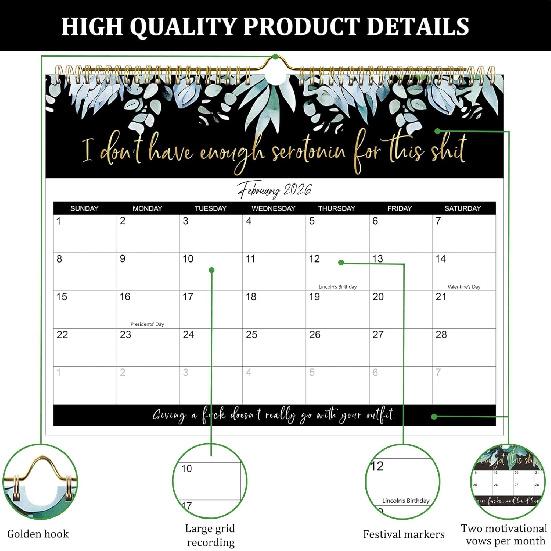 2026 Fu-ck It calendar,12-Month Humor Calendar,with Premium Paper Spiral Bound, 14”X11” Home Office Hanging Calendar,Funny Swear Word Monthly