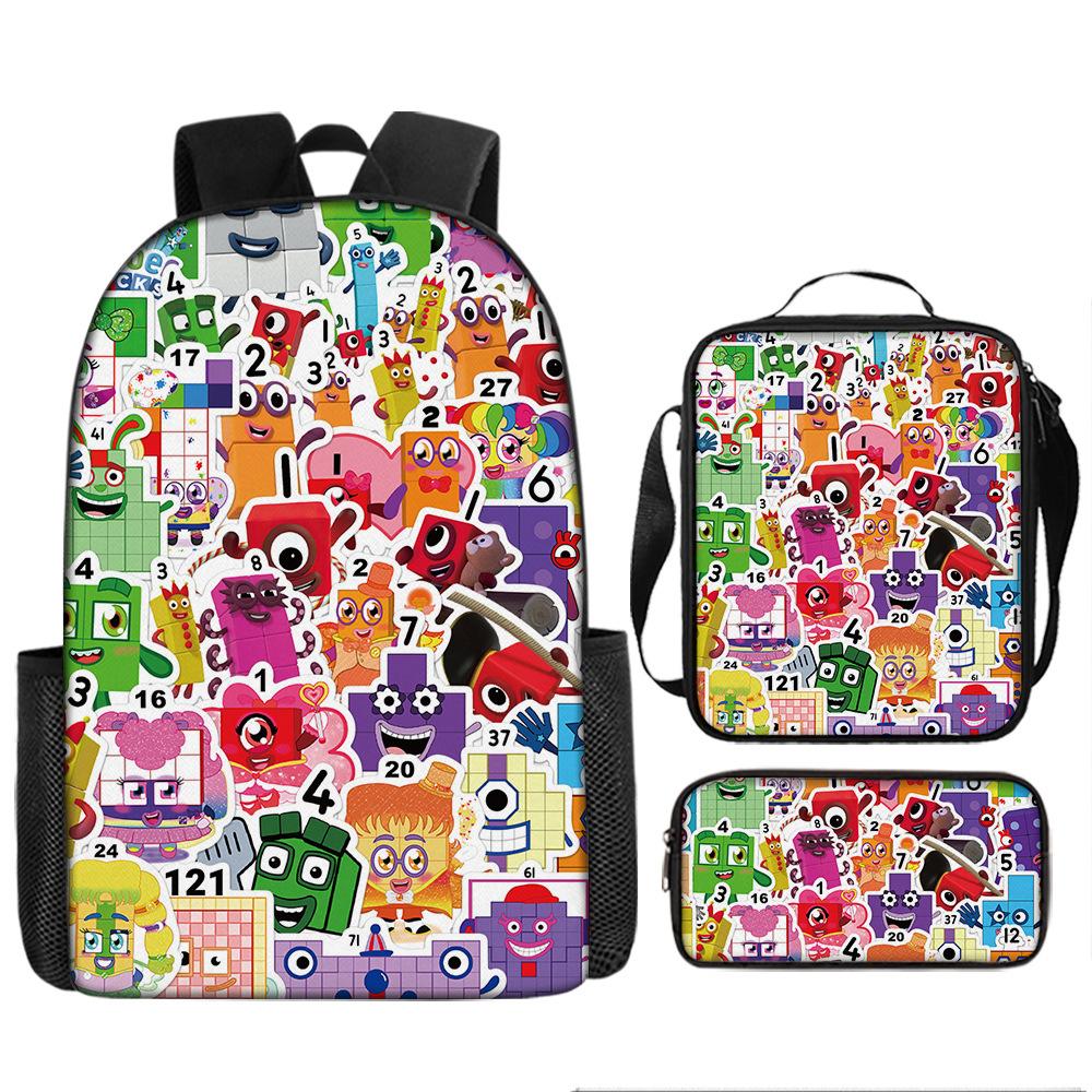 Digital Building Block Backpack Numberblocks Student Schoolbag Cartoon Backpack Satchel Pencil Case Three-Piece Set