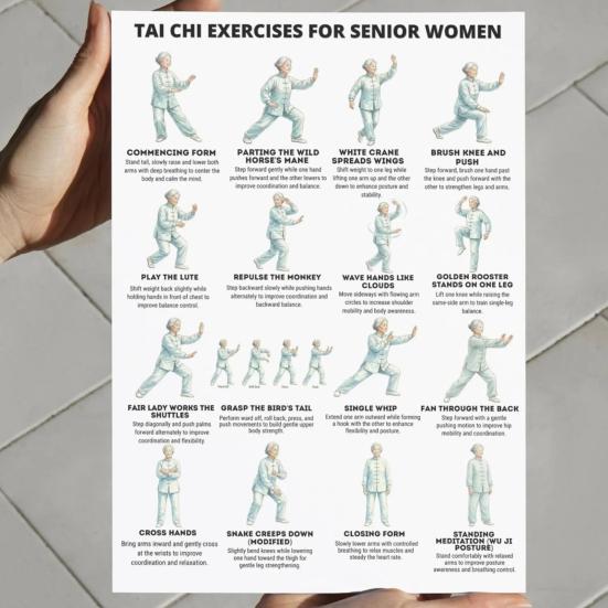 3er Set Tai Chi Übungsanleitung Poster für Senioren Anfänger Tai Chi Trainingsplan für Ältere Gelenkschonend Gleichgewicht Mobilität Heimtraining