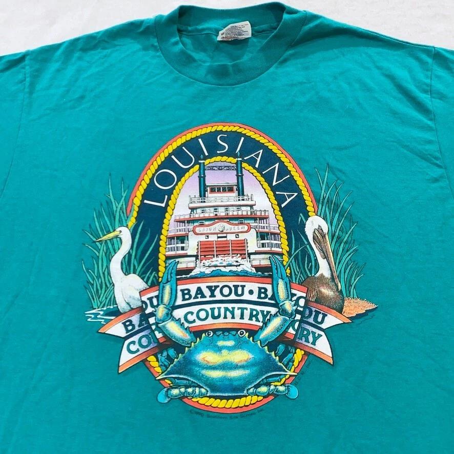 винтажная футболка 90-х LOUISIANA BAYOU COUNTRY РАЗМЕР L краб пляж турист 80-х L