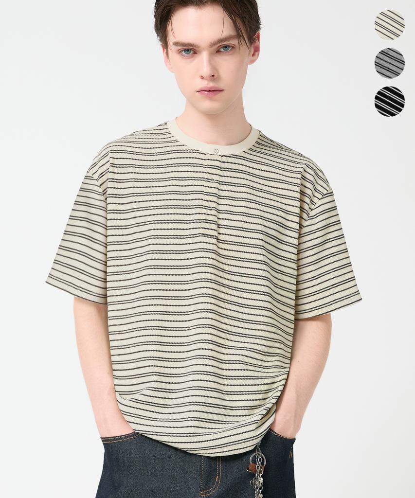 TRILLION Stripe Ring Snap Henley Neck Half Sleeve_3Color
