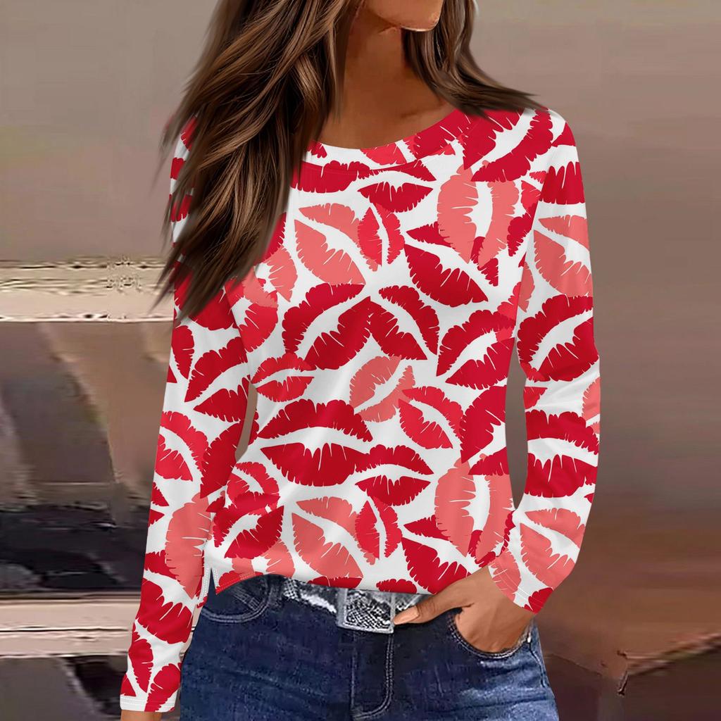 Women's Fashion Casual Slit Hem Round Neck Long Sleeve Loose Printed T-Shirt Ladies Top