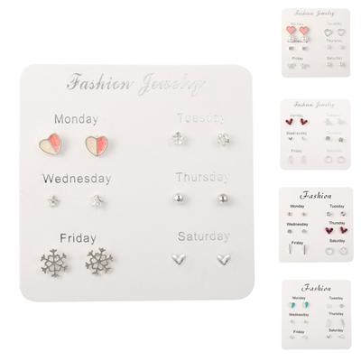 6 Pairs Women Snowflake Heart Star Leaf Faux Gem Ear Stud Earrings Jewelry Gift