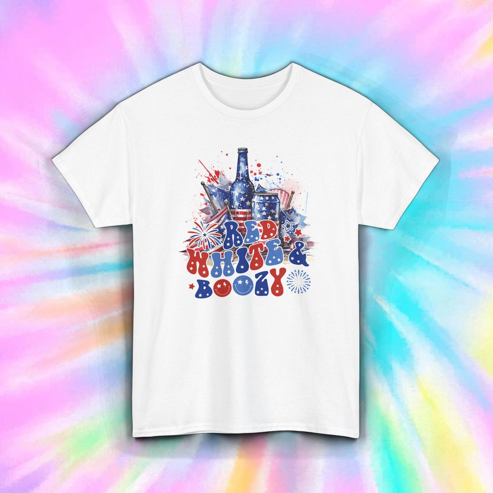 Red White Boozy Shirt Patriotic Alcohol Fireworks Party Tee S-5XL XL