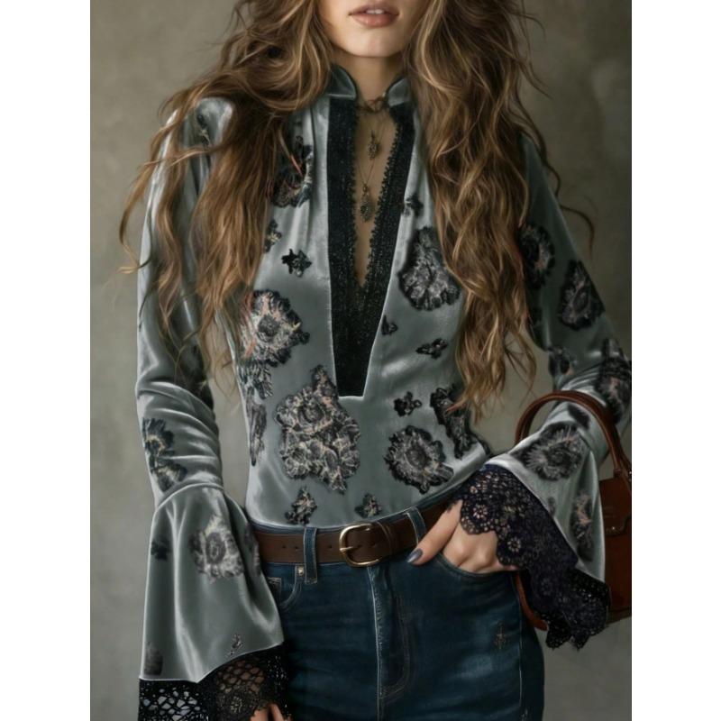 Blouse longue évasée pour femme en velours à imprimé floral avec bordure en dentelle et manches longues