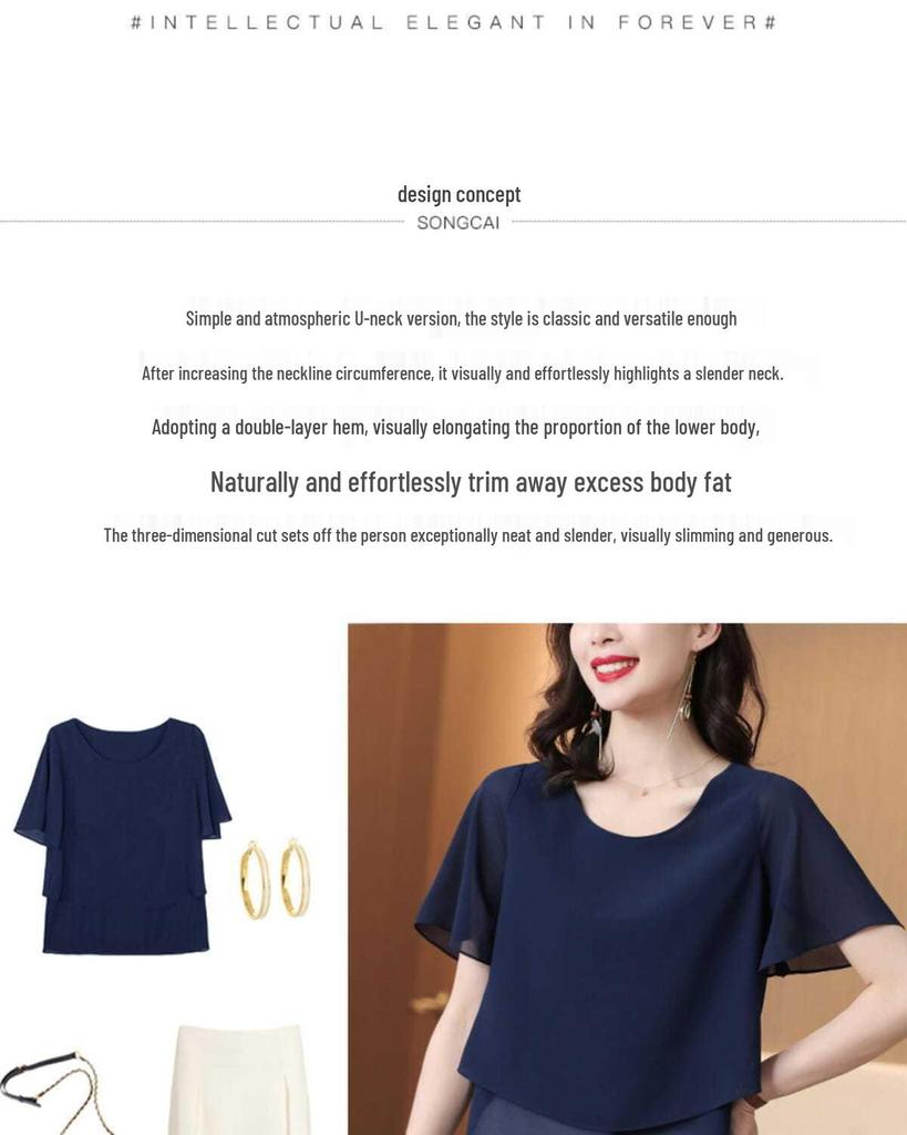 Damen Chiffon Kurzarm Zweiteiler Übergröße Bluse - 2024 Mode für Mütter mittleren Alters