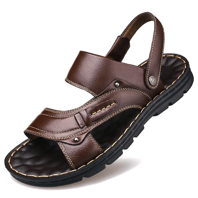 Herrsandaler i äkta läder sommar Tofflor Herr Tofflor Vuxen Strandskor med tjocka sulor Halkfri lädersandal Zapatos Hombre