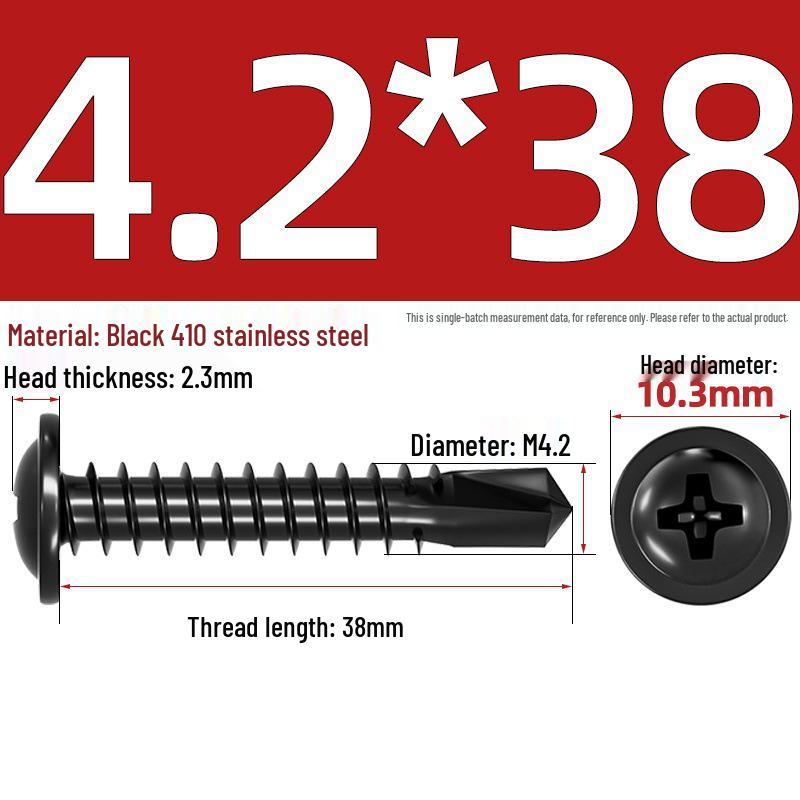 Black Phillips Flat Head Self-Tapping Screws with Washer, 410 Stainless Steel, 4.2M-4.8 Size.