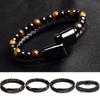 21cm Double Men Layered Volcanic Stone Beaded Bracelet Alloy Clasp Leather Faux
