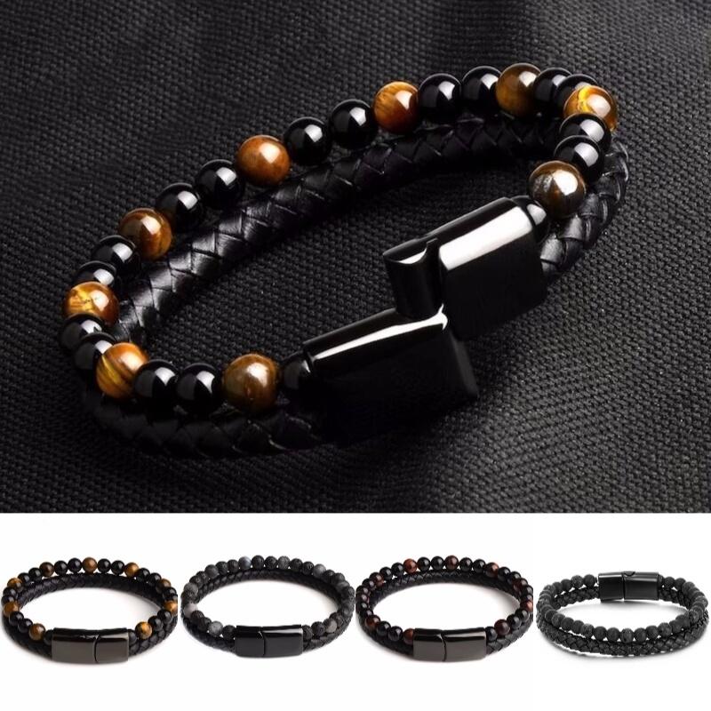 Men Double 21cm Layered Volcanic Stone Beaded Bracelet Alloy Clasp Leather Faux