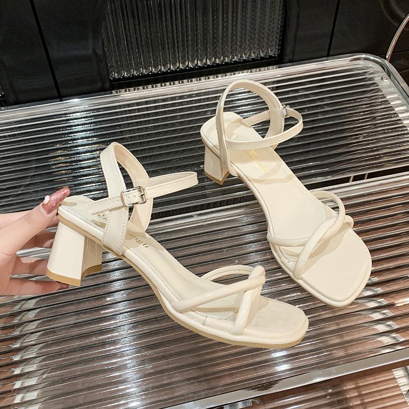 High-heeled sandals spring and summer 2025 new silver fashion pearl straps one-word strap thick-heeled sandals women