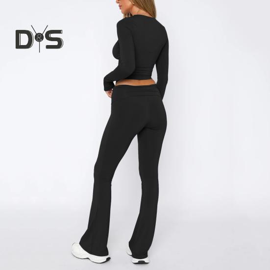 2 Teile/Satz Damen Oberteile Hosen Set Rundhals Einfarbig Lange Ärmel Slim Fit T-Shirt Niedrige Taille Ausgestellte Saum Hose Lässiges Sport Outfit