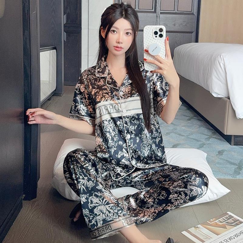 National Style Light Luxury High-End Style Flower Cold Silk Cool Pajamas Women'S Summer Short-Sleeved Trousers Set