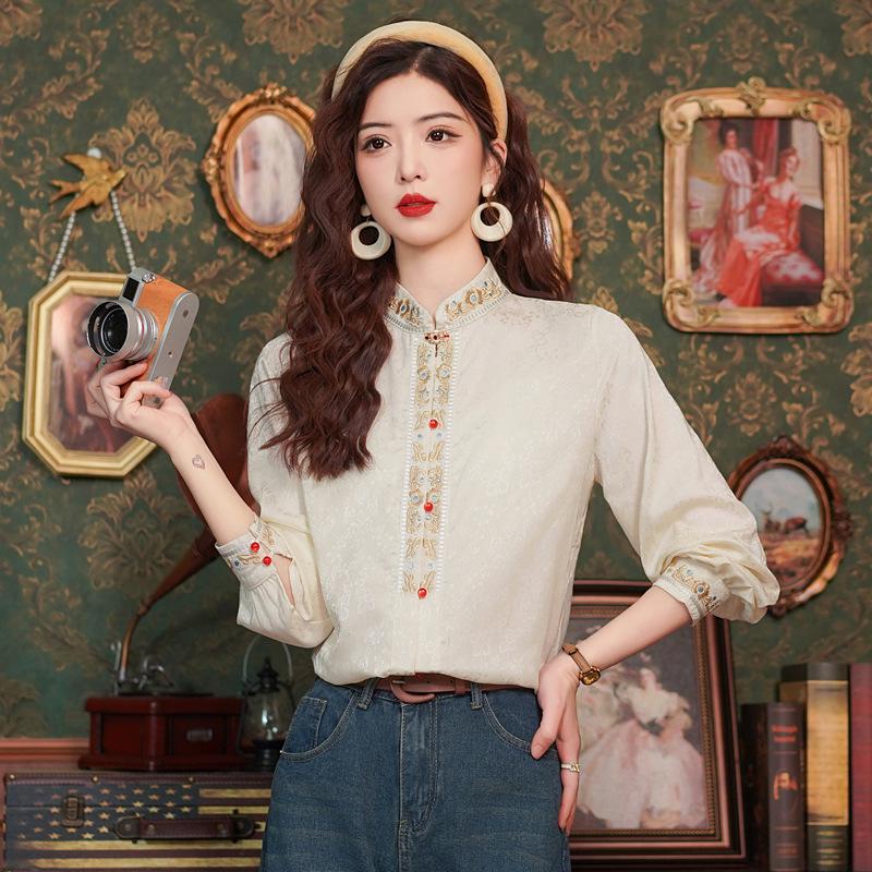 

2025 Spring Women s Embroidered Chinese Style Top: Retro Hong Kong Inspired Hanfu Shirt L белый
