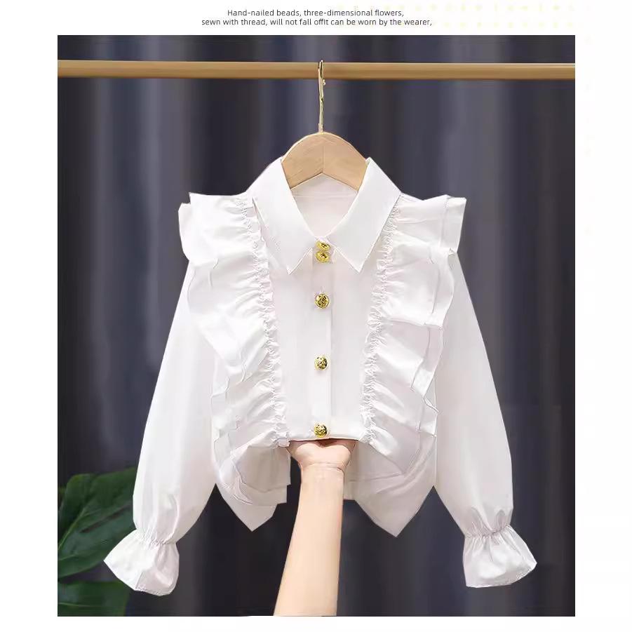 Girls' White Long Sleeve Shirt - Spring/Autumn 2025 Collection for Children
