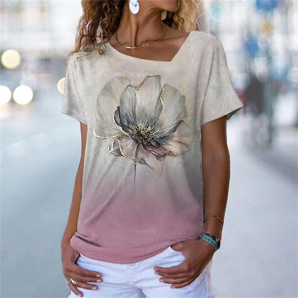 Women's Short Sleeved T-shirt with Slanted Neckline Pattern and Digital 3D Printed Women's T-shirts