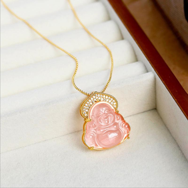 

Подвеска-кулон «Смеющийся Будда» из имитации жадеита цвета гибискуса - Легкая роскошь, Розовый кристалл высокого класса, Дизайн Майтрейи Будды.