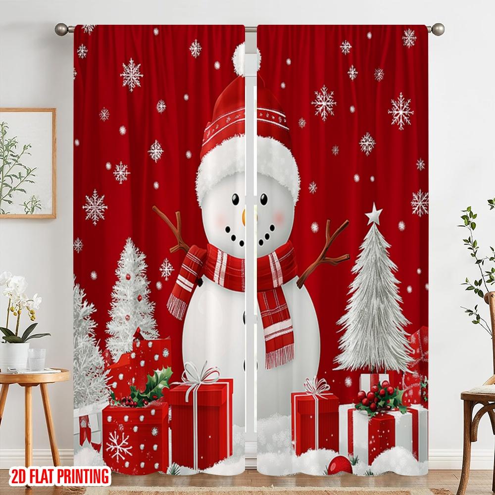 2 Stück, 2D-Flachdruck Beliebte Vorhangpaneele Niedlicher Schneemann Weihnachten Winterurlaub_c (3) 100% Polyester (ohne Stange) Urlaub