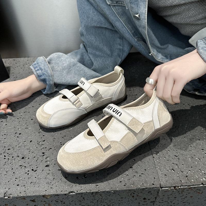 

Leather Velcro Mary Jane Shoes Women s Spring and Summer Hollow Shallow Mouth Casual Women s Single Shoes Tide 35 бежевый