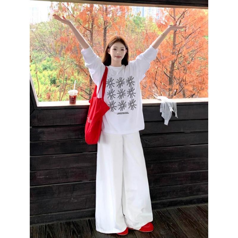 Spring Autumn Loose Casual Sunflower Printing Cotton Pullover Tee Top Women Long Sleeve Fashion Simple T-shirt