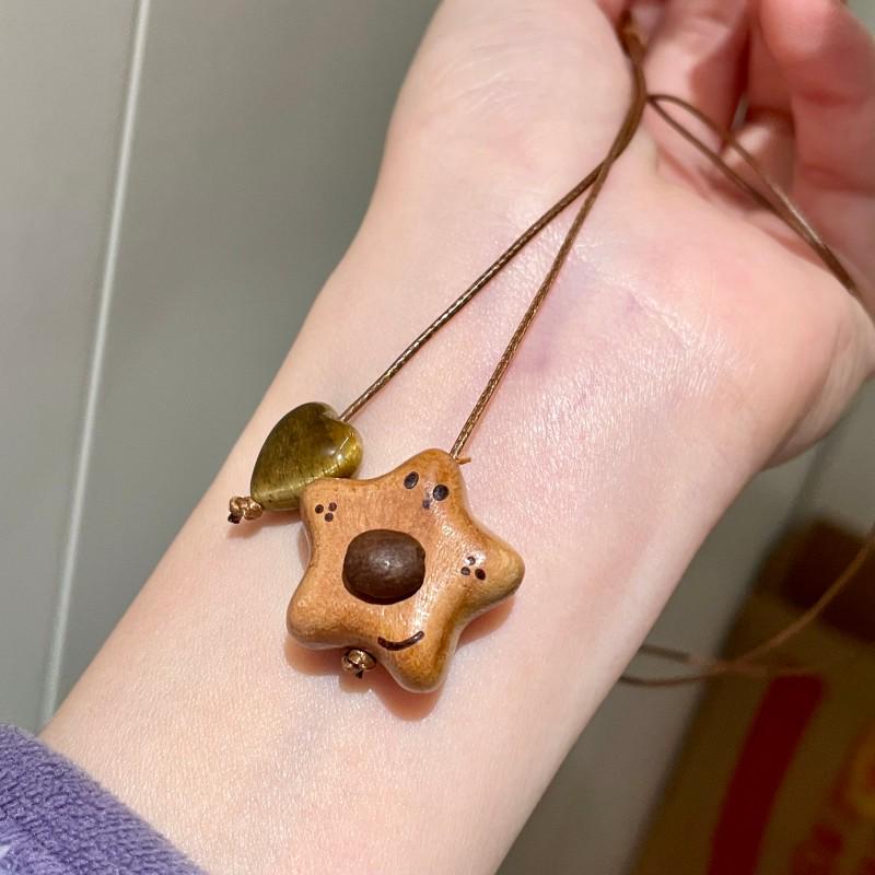 Tiger Eye Wooden Little Bear Dog Necklace: Women s Cute Beaded Sweater Chain for Autumn/Winter.
