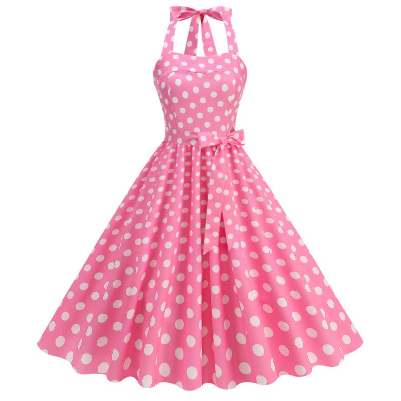 Retro Hepburn Style Polka Dot Wide Hem Dress XL розовый