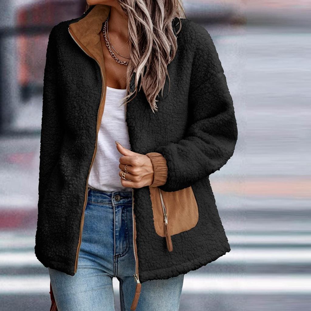 Paltoane de iarnă pentru damă, cu rever, fleece, mozaic, cu buzunar, toamnă, cu mânecă lungă, cu fermoar, ocazional, la modă, caldă.