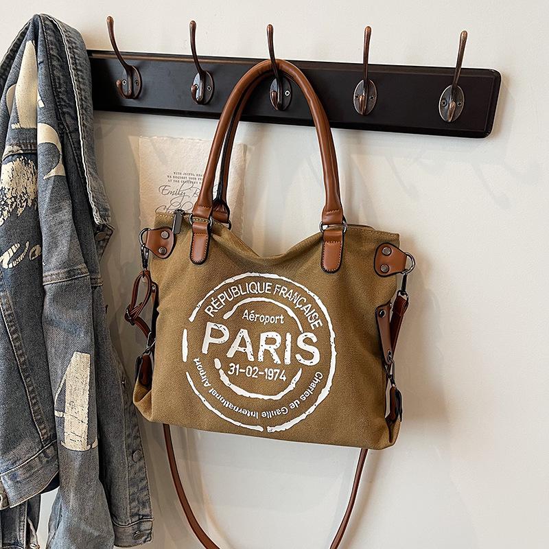Hand new canvas trendy fashion women's bag letter large capacity tote bag casual commuter shoulder messenger bag