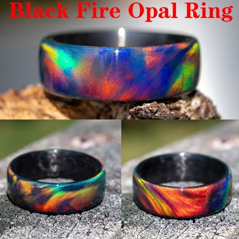 Natural Rainbow Opal Ring Fire Opal Ring Carbon Fiber Lining Iridescent Color Changing Opal Rings for Women Engagement Jewelry Anniversary