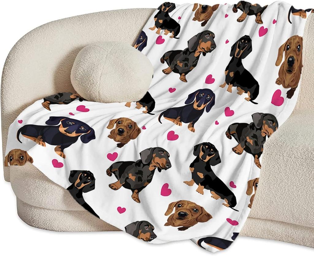 Weiche Dackel Fleece Überwurfdecke mit rosa Herzen, Kuschelige Flanell Plüschdecke für Sofa Bett, Geschenkidee für Hundeliebhaber, Heimdeko