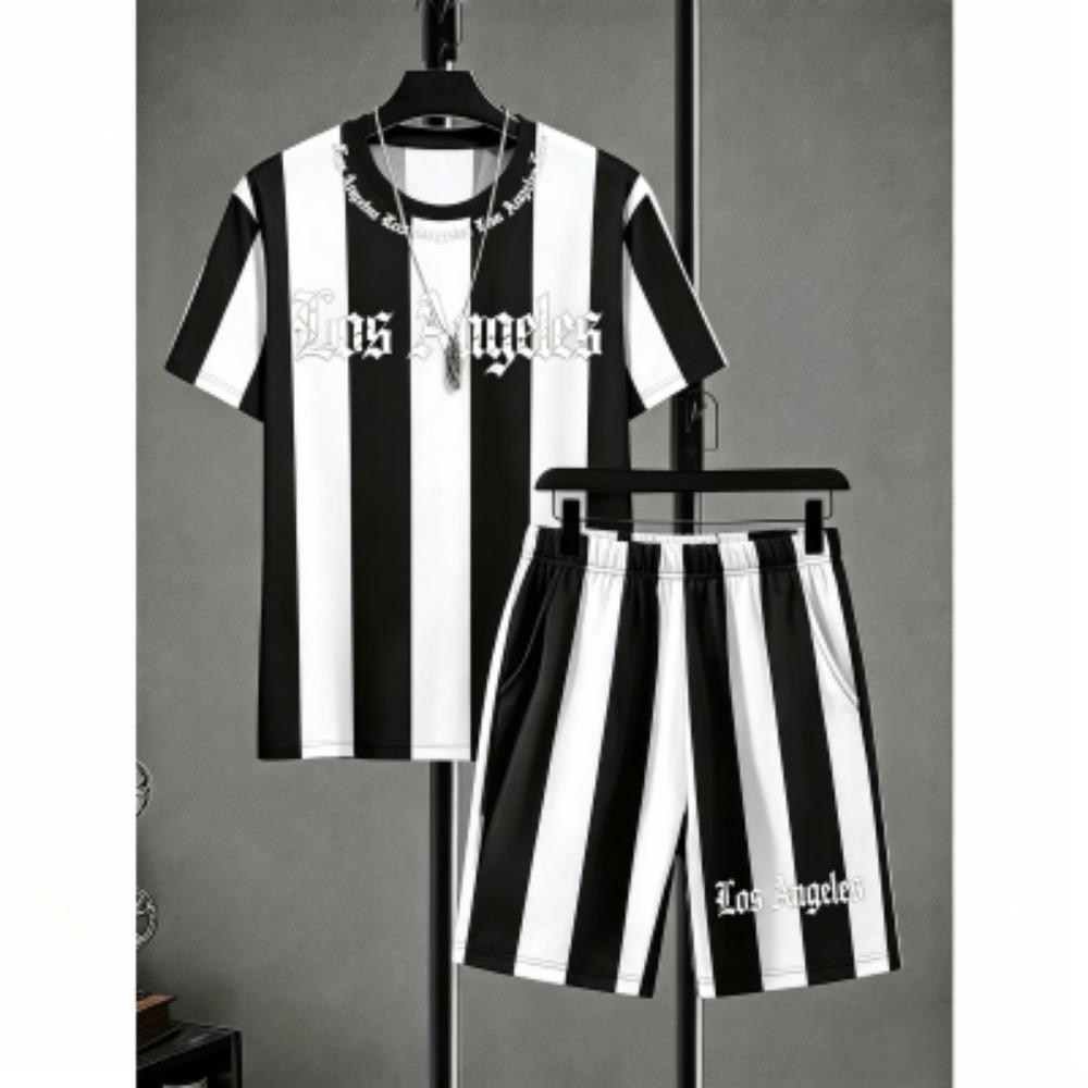 

Men s Set Stripe Printed Men s T-shirt and Shorts 2 Piece Set Summer Casual Outdoor Men s and Women s T-shirt Sets XXS