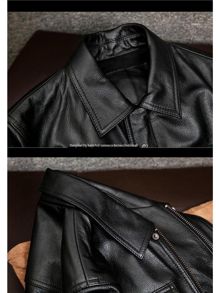 Men's Genuine Leather Turn-Down Collar Jacket - Short Style Cowhide Texture with Cotton, Plus Size - Ideal for Autumn & Winter
