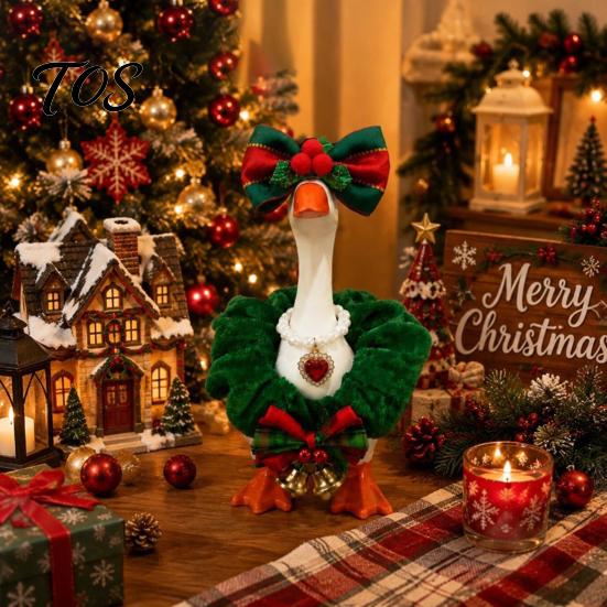 Winter Goose Costume Christmas Cute Desk Outfits, 7 Inch Mini Wreath Clothes with Bow Holiday Ornaments for Statues Tie Headwear And Faux Pearl