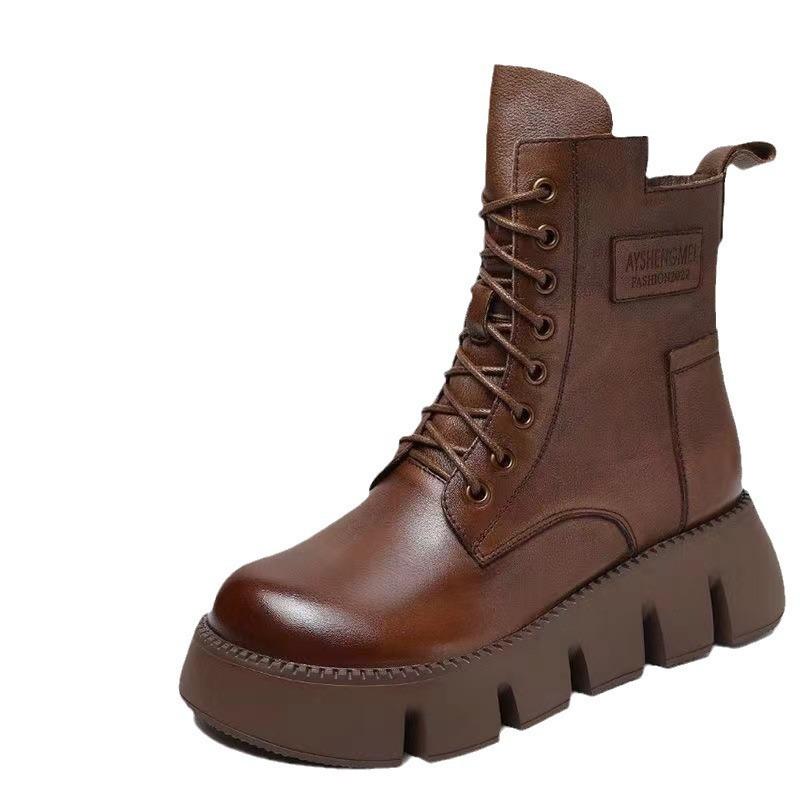 Winter New Warm Velvet Thickened Martin Boots Soft Leather Retro Thick-soled Waterproof Table Large Cotton Boots