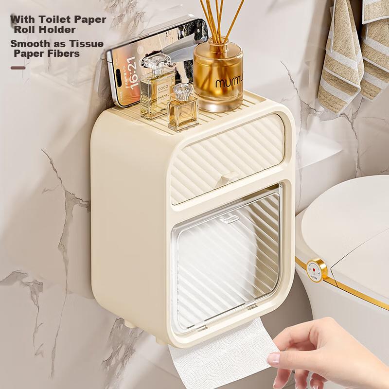 Baizi Bathroom No-Drill Storage Rack Toilet Paper Holder Face Towel Storage Box Wall-Mounted Tissue Box Napkin Roll Holder Rack