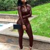 Casual Women Solid Color Faux Leather Turn Down Collar Shirt Pants Two-piece Set