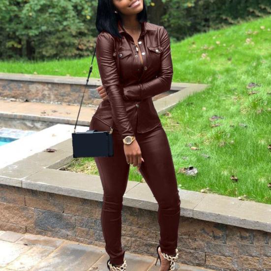 Casual Women Solid Color Faux Leather Turn Down Collar Shirt Pants Two-piece Set