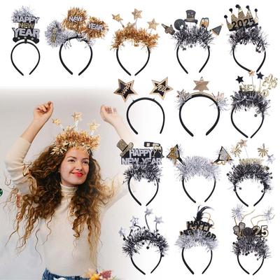 Glitter Happy New Year Headband Star Sequin Party Photo Props 2025 New Year Hairband Party Gift