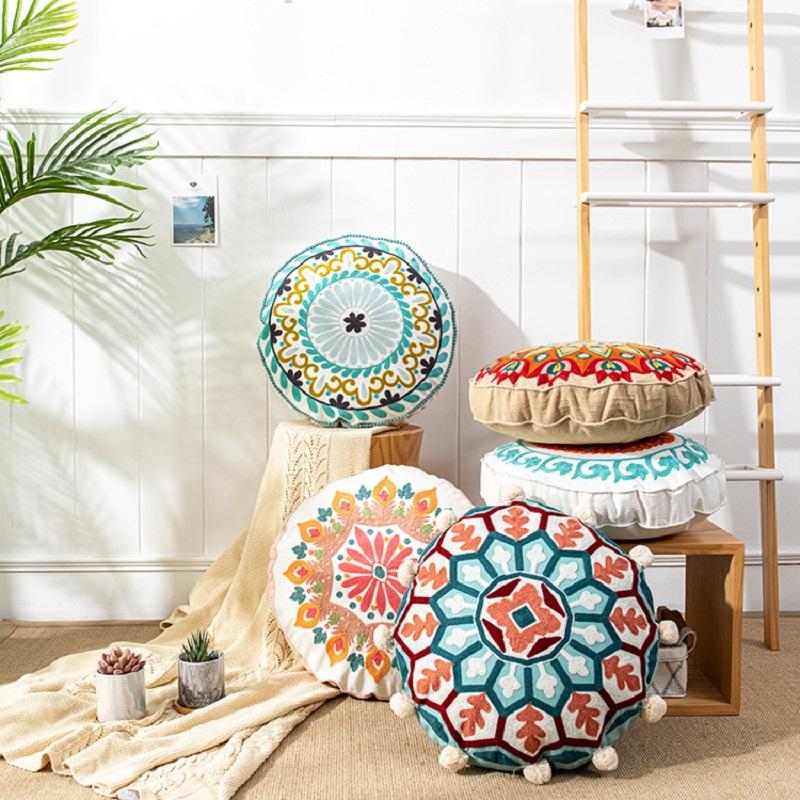 Moroccan Style Throw Pillow Embroider Craft Meditation Pouf Indian Bohemian Style Pom-pom Unstuffed Seat Cushion Ottoman Covers
