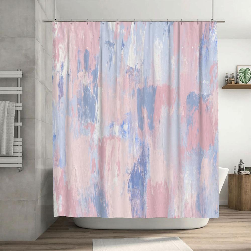 Colorful Shower Curtain Set with Waves Design Waterproof Fabric for Bathroom Decor