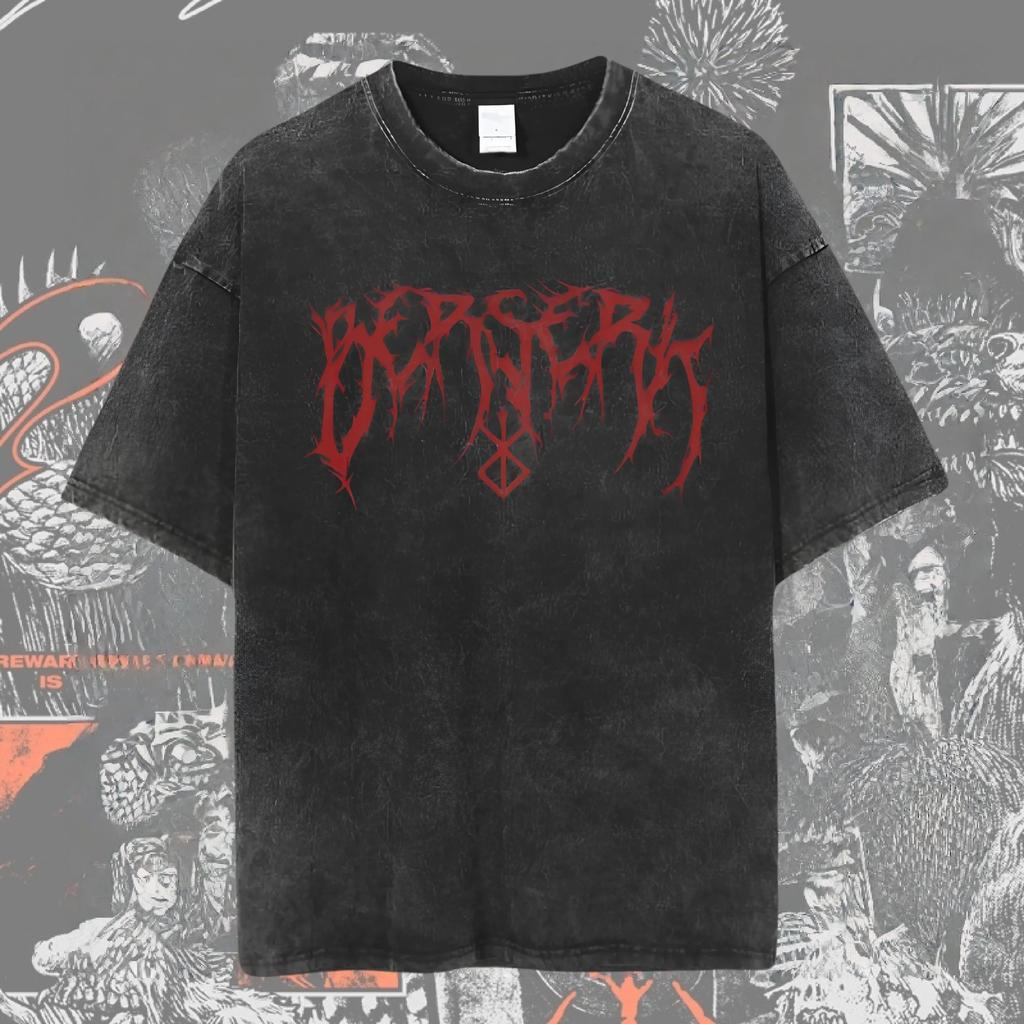 Acid Washed Berserk Print T-shirt Men Women Japan Anime Oversize Streetwear Harajuku Summer Short Sleeve Cotton Female Male Clothing