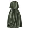 2025 summer new solid color cotton and linen dress women's loose retro lace-up waist Polo collar five-quarter sleeve long dress