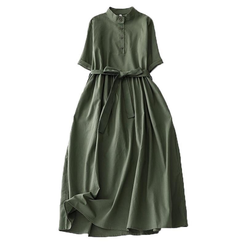 2025 summer new solid color cotton and linen dress women's loose retro lace-up waist Polo collar five-quarter sleeve long dress