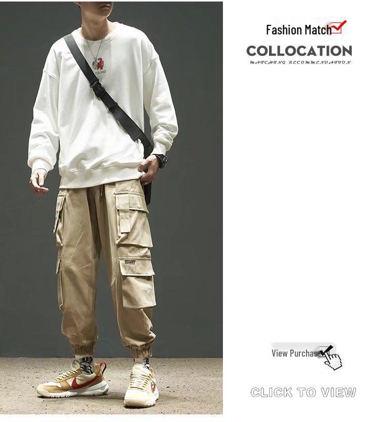 Men's American Trendy Multi-Pocket Loose Cargo Joggers - Military Green Parachute Pants, Casual Retro Style for Autumn.