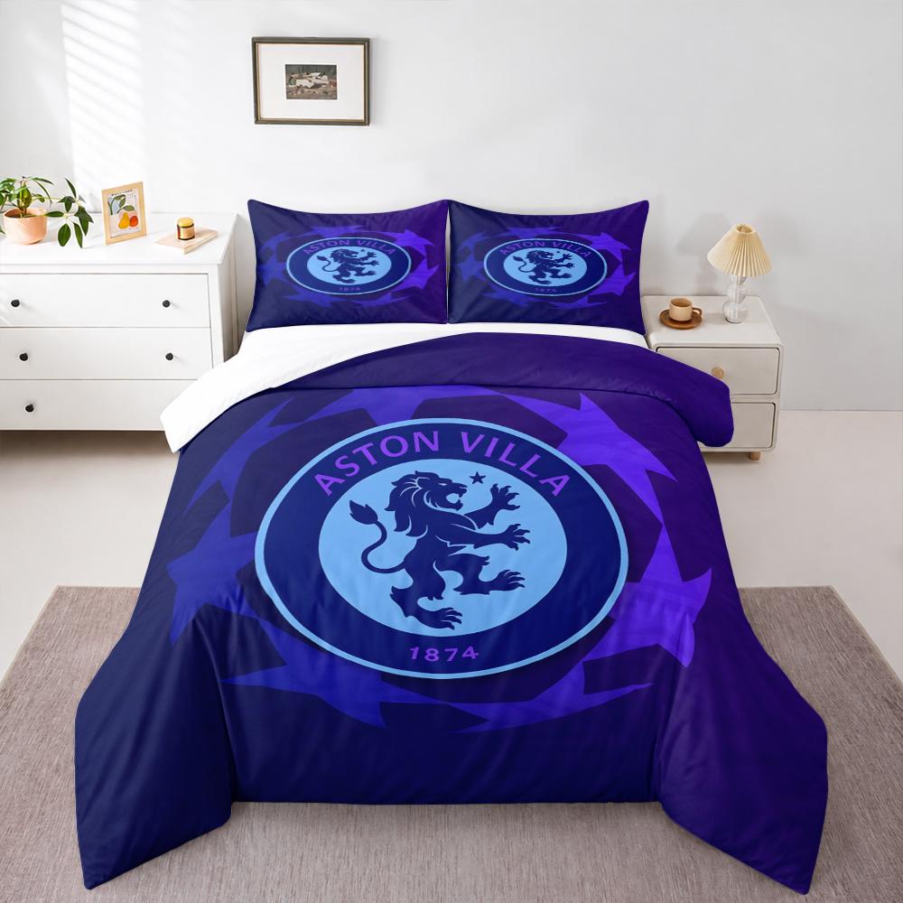 Duvet Cover Set Aston Villa Champions League Starball Purple Crest Football 3 Piece Bedding for Adult Fan Gift
