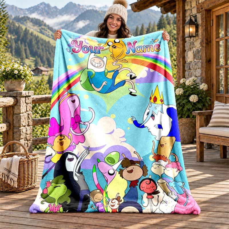 Adventure Time Custom Name Flannel Blanket Personalized Soft Warm Plush Throw Blanket Customized Gift for Family Friends