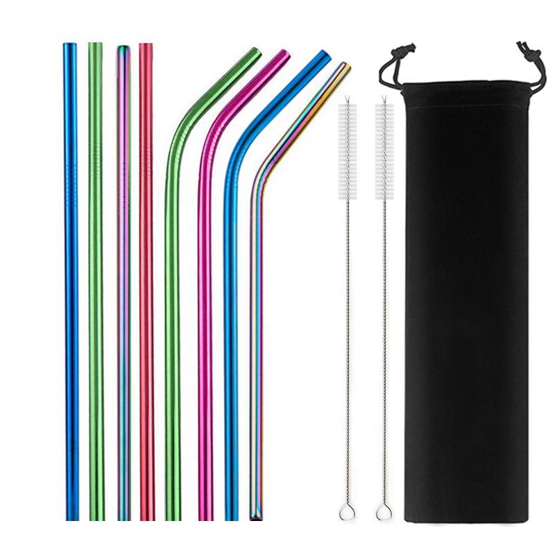 8Pcs Colorful Reusable Metal Straw High Quality 304 Stainless Steel Straws Set with Cleaner Brush Bar Party Drinking Straws