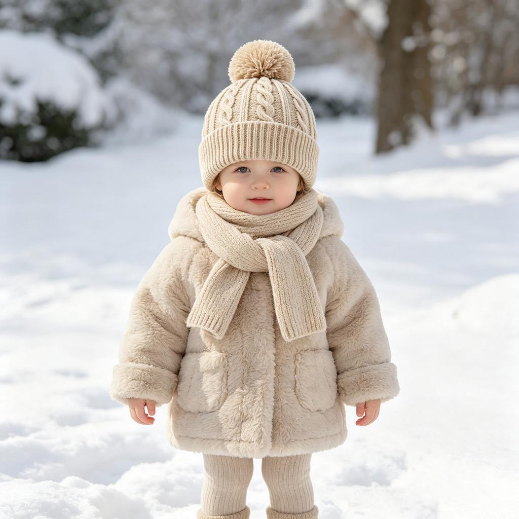 Xiaomi 1pc Baby Double Pom Pom Knit Ear Flap Hat, Cute Solid Color Toddler Beanie hats winter hat Daily Head Hat for Boys Girls